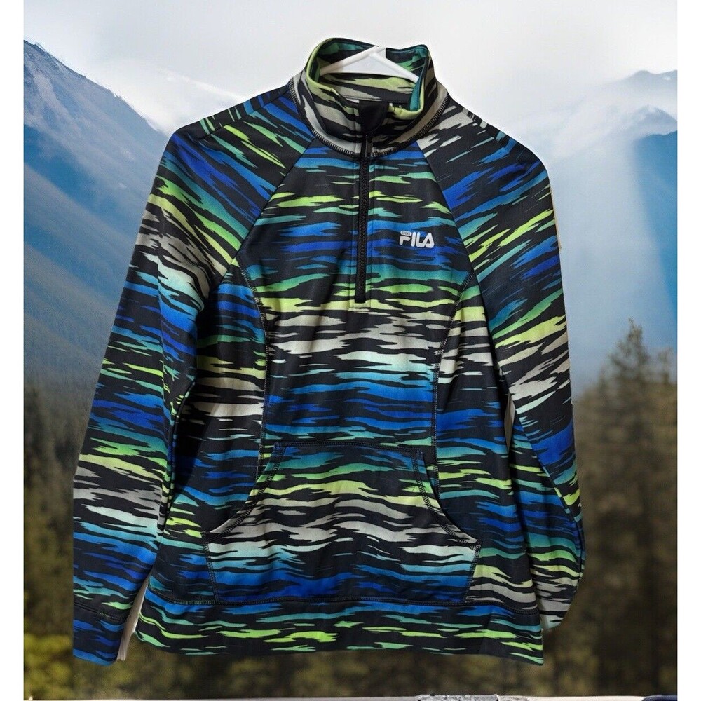 Fila Sport Womens S Half Zip Athletic Jacket Pullover Blue Green Tiger Striped